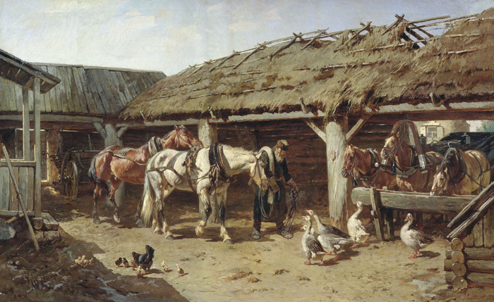 Рудольф Френц. "На постоялом дворе", около 1880 года. На картине показаны лошади у поилки, извозчик с упряжью и повседневная жизнь хозяйственного двора.