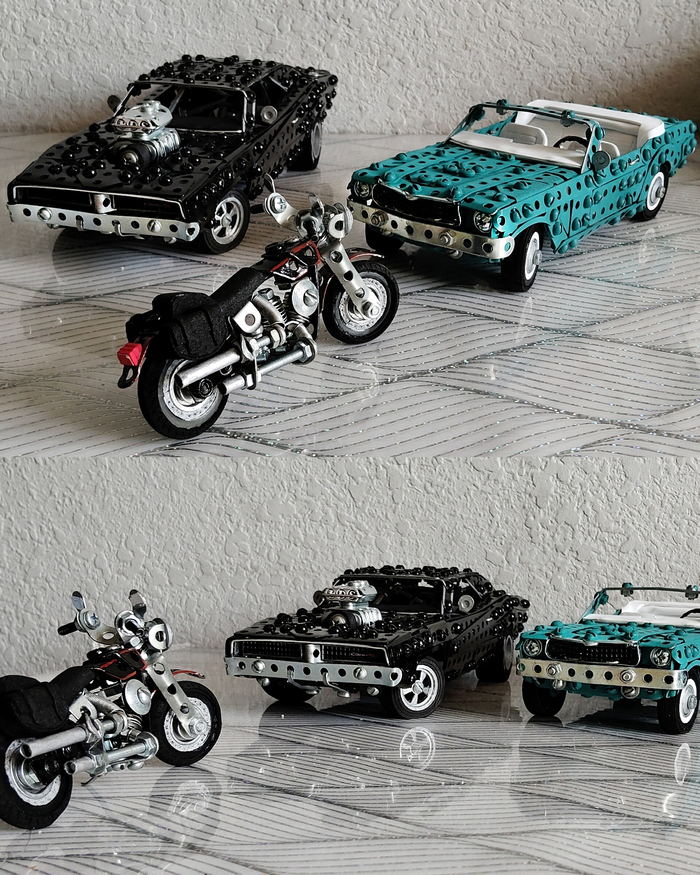 Dodge Charger, Harley-Davidson, Ford Mustang из металлического конструктора, проволоки, резины и картона