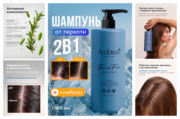AMBREE Professional Шампунь бальзам против перхоти для волос, женский с кератином 1000 мл