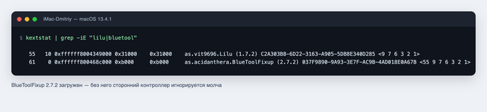 kextstat: BlueToolFixup 2.7.2 и Lilu 1.7.2 загружены