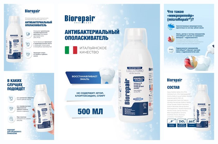 Ополаскиватель Biorepair для полости рта антибактериальный, Biorepair Antibacterial Mouthwash, 500мл