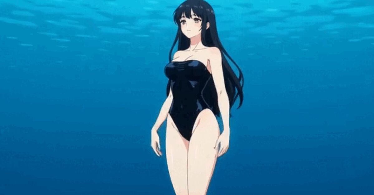 Bather underwater - Neural Network Content, Swimsuit, Bathing, Anime, Water, Ocean, Sea, Shark, Brunette, Women, Girls, Under the water, Nature, GIF