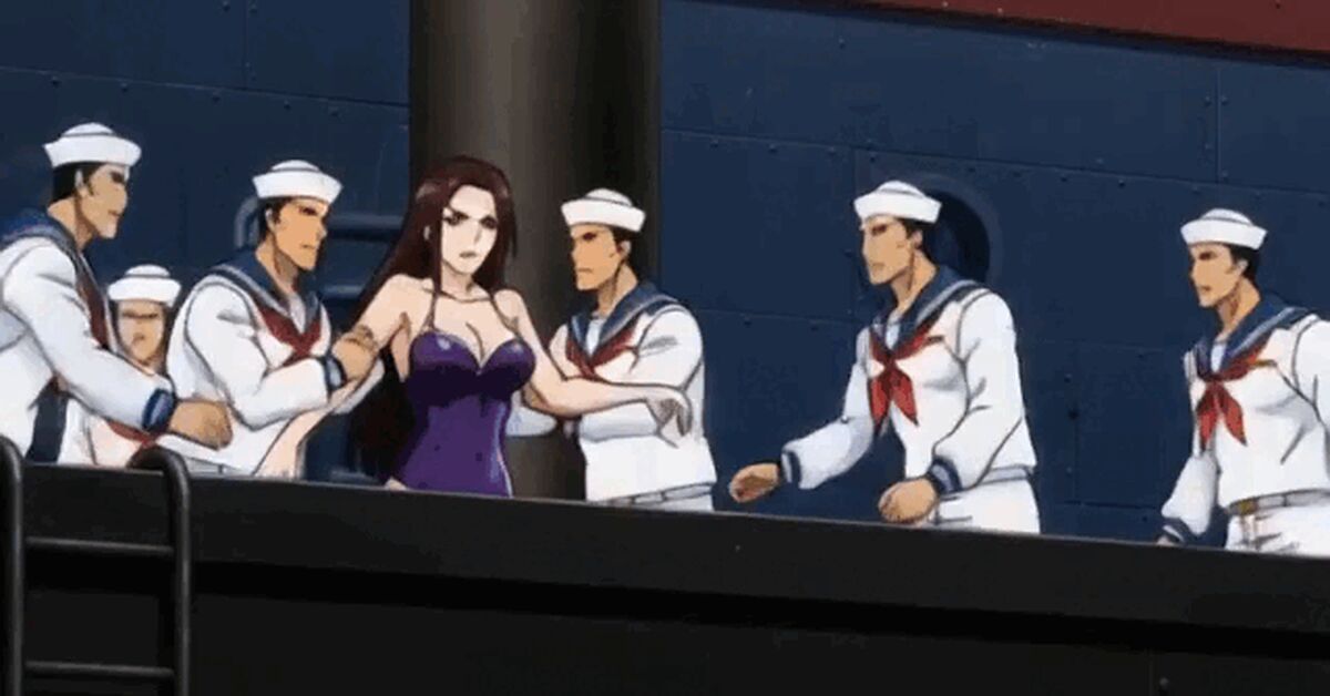 Sailors throw a woman into the sea - Neural Network Content, Swimsuit, Bathing, Anime, Ship, Water, Sea, Ocean, Spray, Women, Men and women, Men, Throwing, GIF
