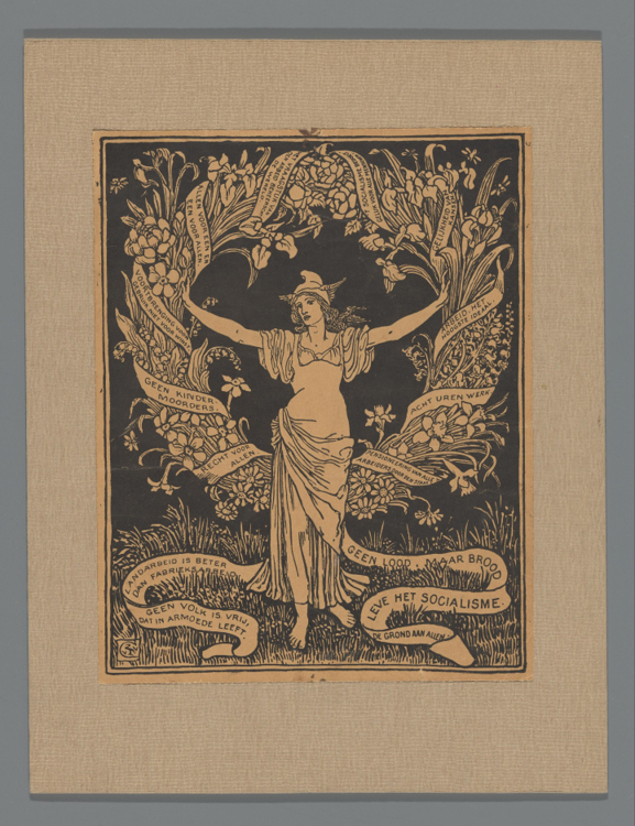 Нидерландский агитационный лист по рисунку Уолтера Крейна, около 1895–1920. Справа на ленте — требование восьми часов работы. Rijksmuseum.