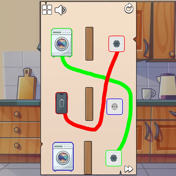 Проводи линии от приборов к розетке, избегай воды и людей, не допусти короткого замыкания! Логическая игра с искрами и опасностью.
