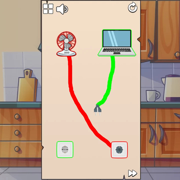 Проводи линии от приборов к розетке, избегай воды и людей, не допусти короткого замыкания! Логическая игра с искрами и опасностью.