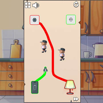 Проводи линии от приборов к розетке, избегай воды и людей, не допусти короткого замыкания! Логическая игра с искрами и опасностью.