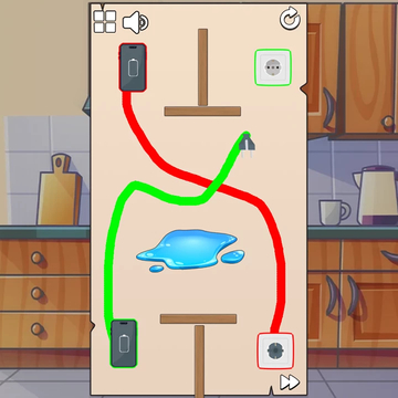 Проводи линии от приборов к розетке, избегай воды и людей, не допусти короткого замыкания! Логическая игра с искрами и опасностью.