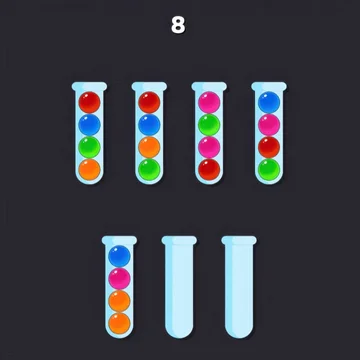 Перемещайте шарики по пробиркам, чтобы отсортировать шарики одного цвета в одну пробирку. 
