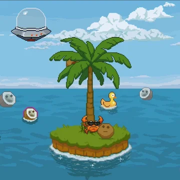 Весёлая 2D пиксель-игра: кокосы падают, колются, тонут или утаскиваются осьминогом. Тарелка похищает половинки, краб колет их, а утка всё взрывает. Собирай, выживай и смейся в этом тропическом безумии!