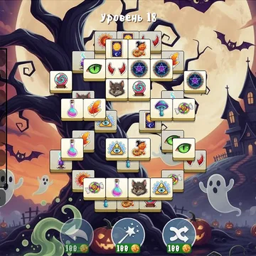 «Три Плитки в мире Хеллоуин» популярная головоломка. Соединяй одинаковые три и очисти поле. Прокачайте логику!