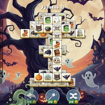«Три Плитки в мире Хеллоуин» популярная головоломка. Соединяй одинаковые три и очисти поле. Прокачайте логику!